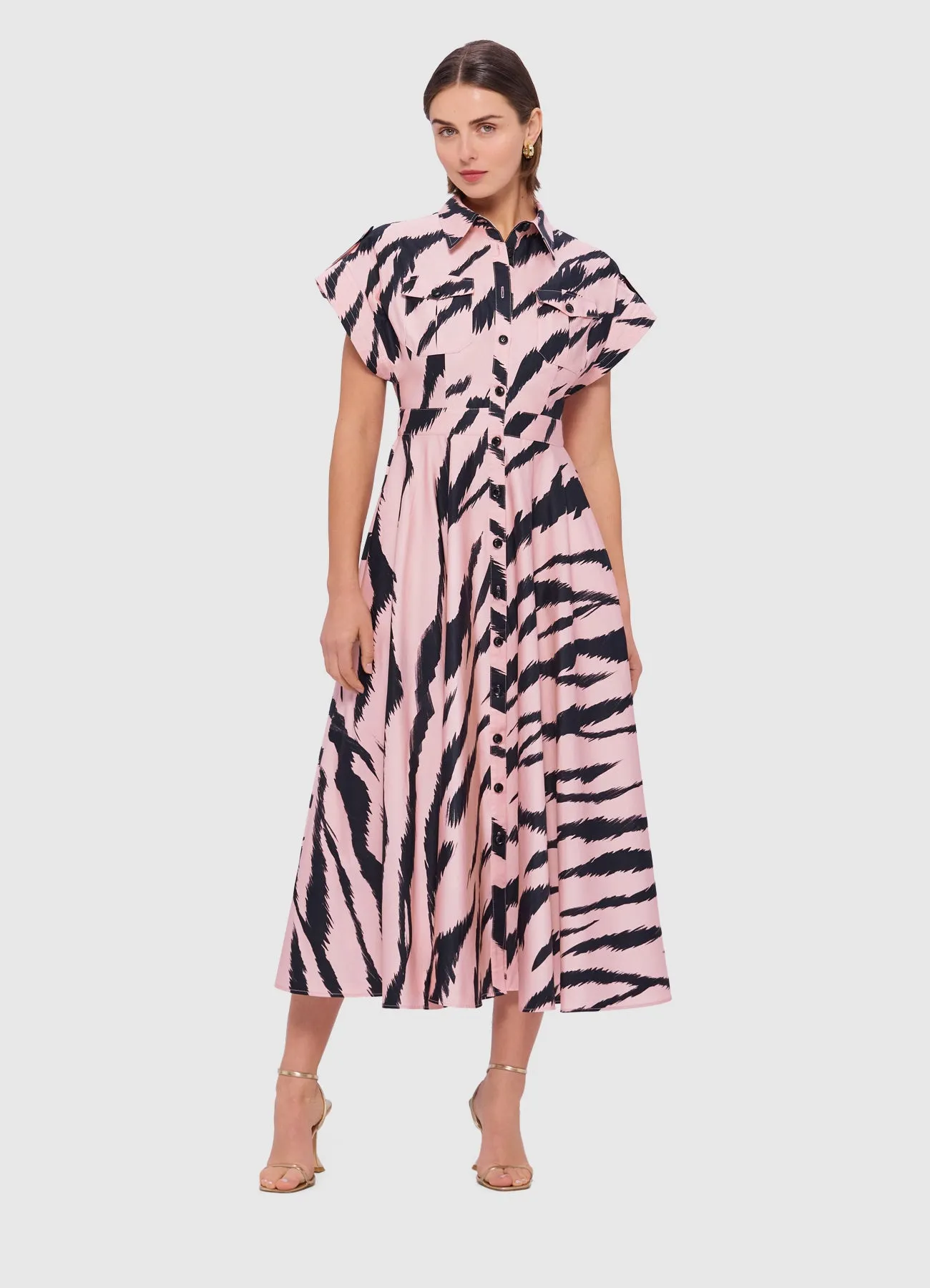 Anita Pocket Shirt Midi Dress - Tiger Print in Pink