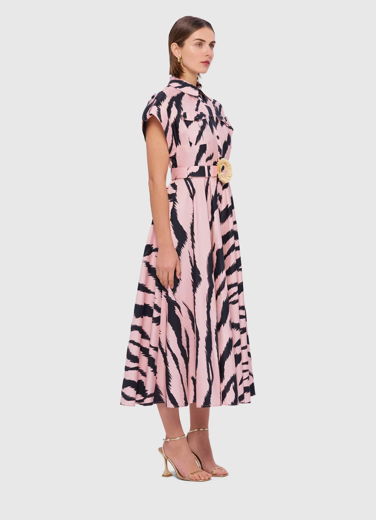 Anita Pocket Shirt Midi Dress - Tiger Print in Pink