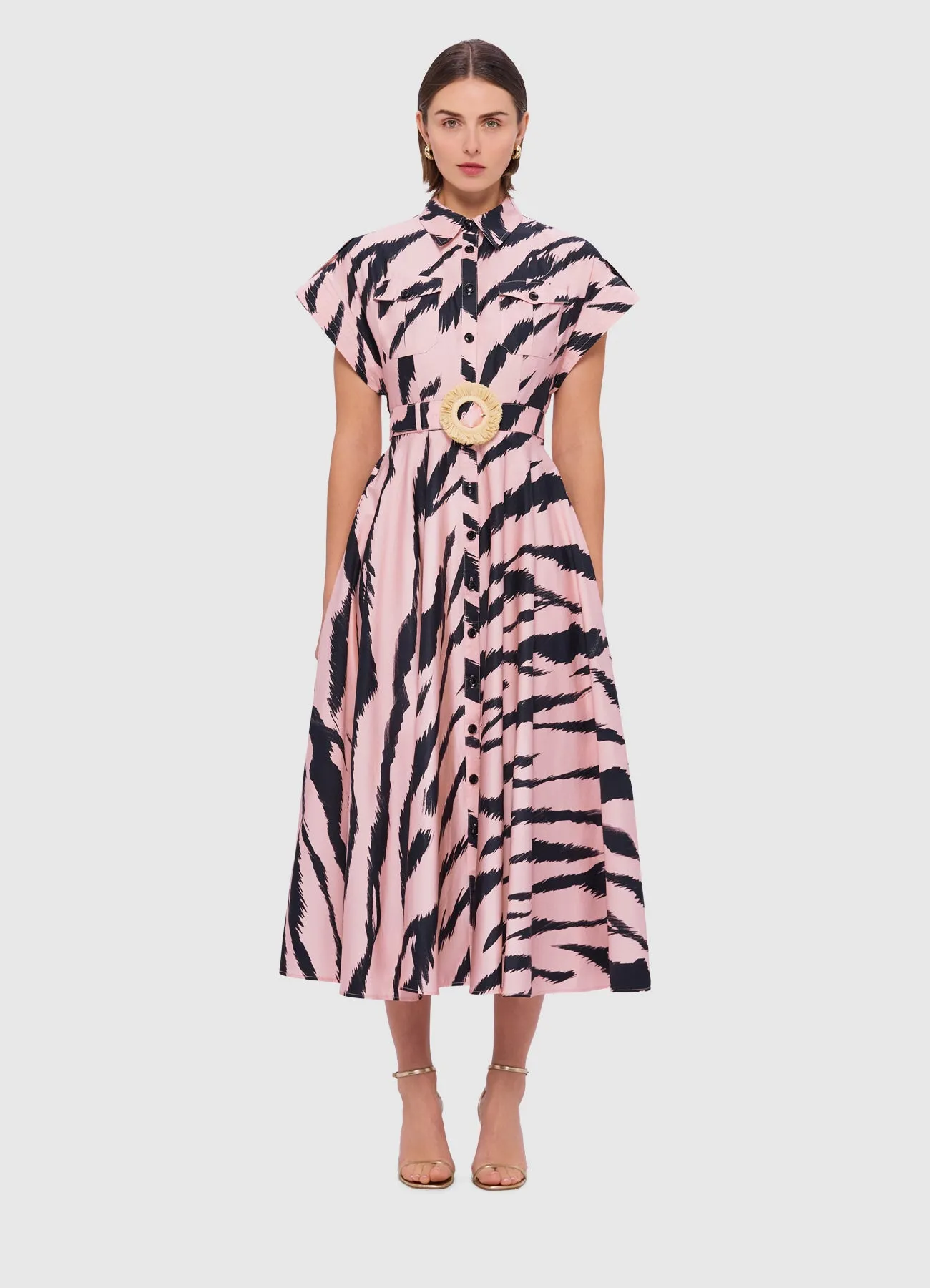 Anita Pocket Shirt Midi Dress - Tiger Print in Pink