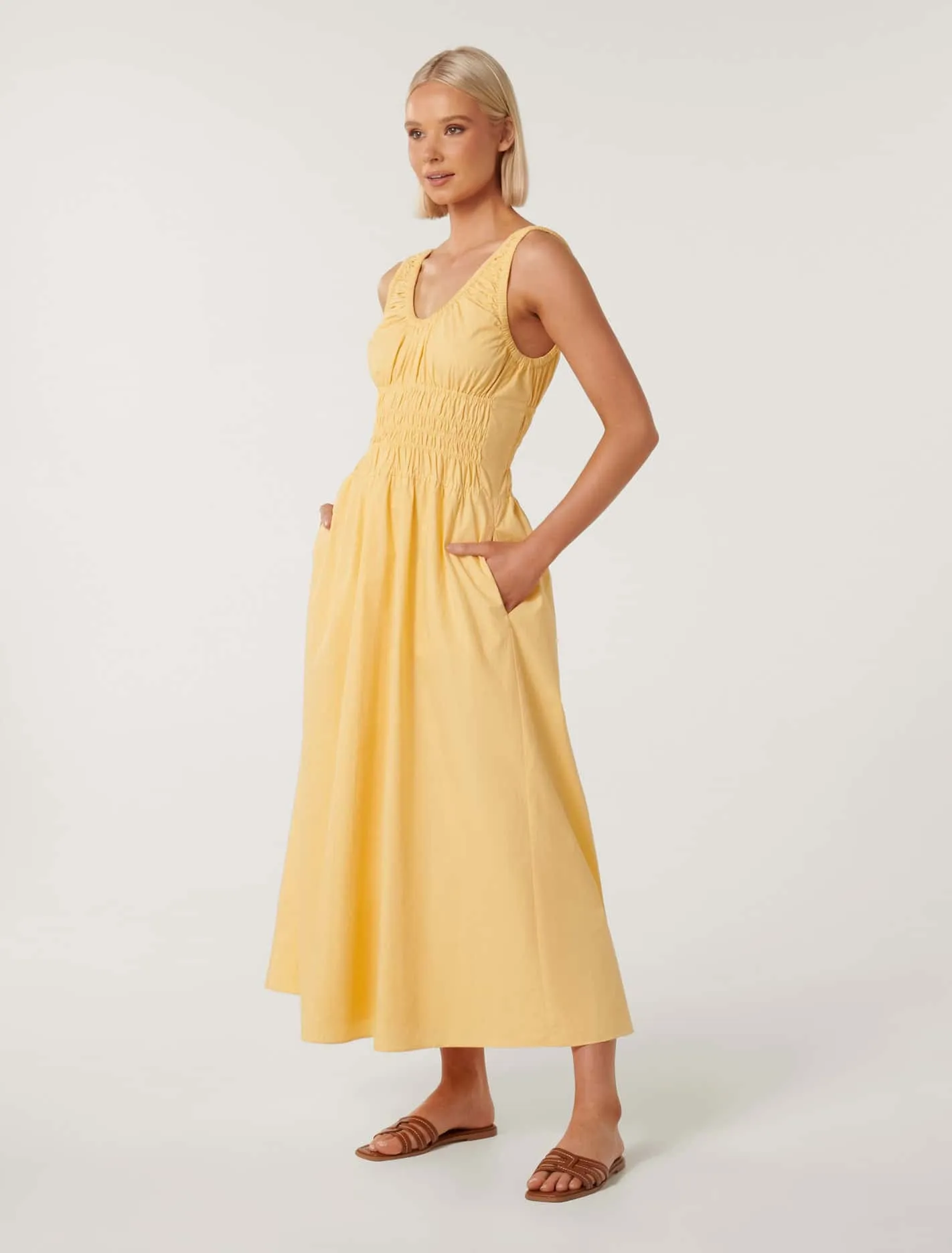 April Gathered Cotton Midi Dress