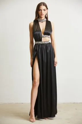 Black Rhinestone Trim Modern Cutout Dress
