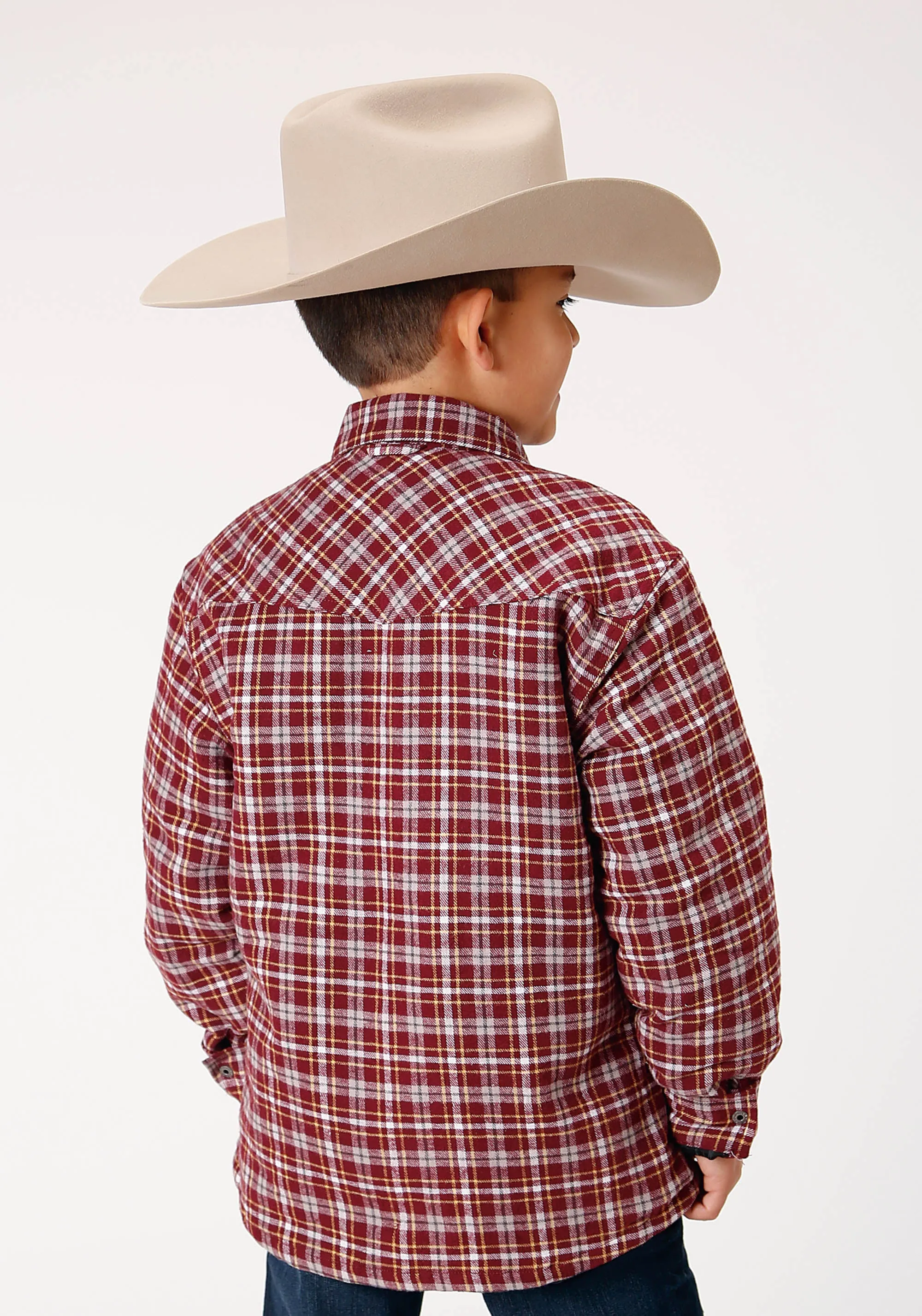 BOYS LONG SLEEVE SNAP CRANBERRY PLAID WESTERN SHIRT JACKET