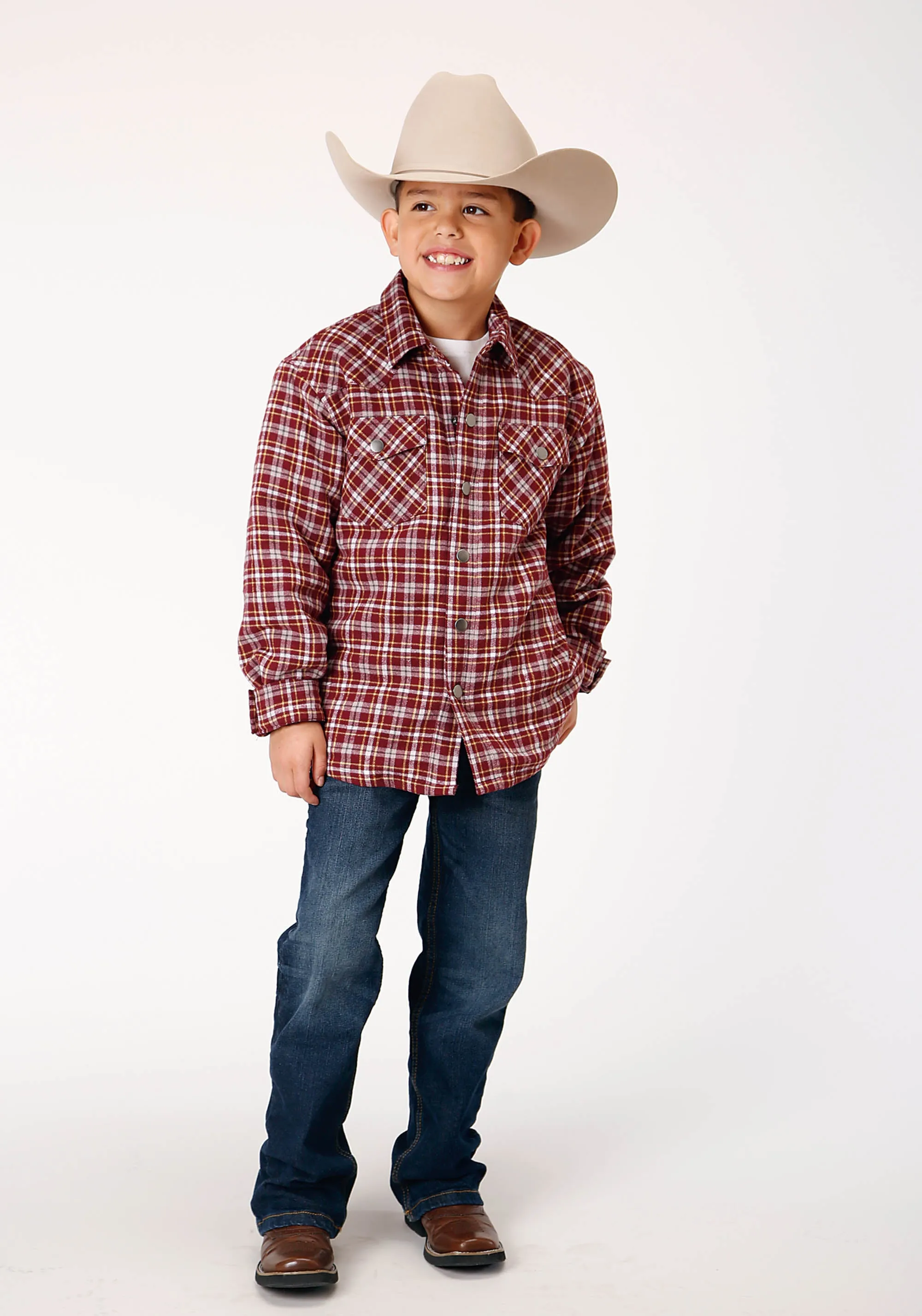 BOYS LONG SLEEVE SNAP CRANBERRY PLAID WESTERN SHIRT JACKET