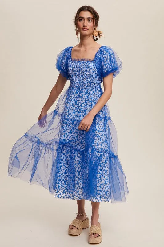 Bright Blue Floral Print And Mesh Puff Sleeve Maxi Dress