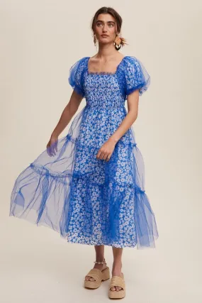 Bright Blue Floral Print And Mesh Puff Sleeve Maxi Dress
