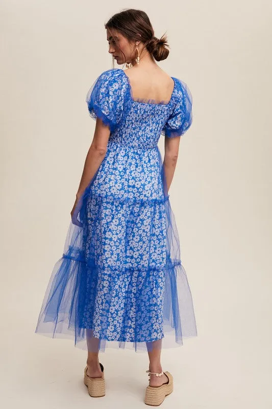 Bright Blue Floral Print And Mesh Puff Sleeve Maxi Dress