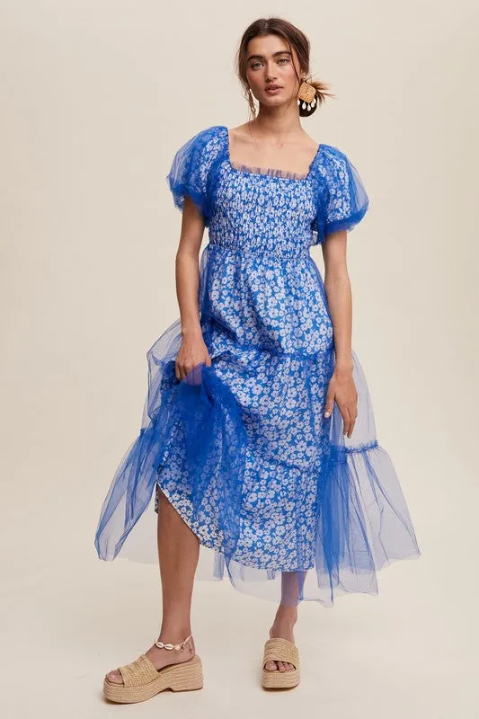 Bright Blue Floral Print And Mesh Puff Sleeve Maxi Dress