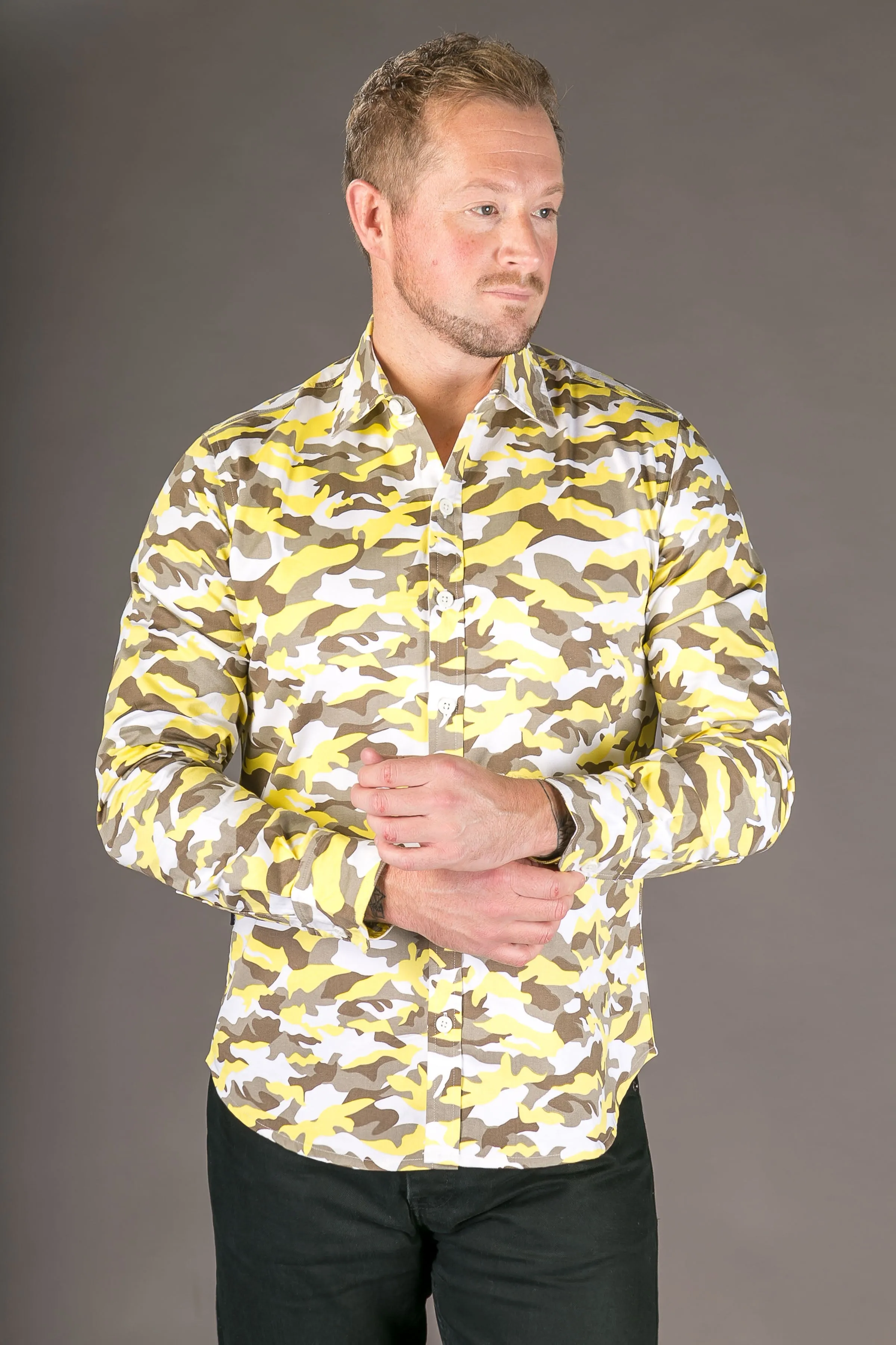 Camouflage Yellow Print Cotton Slim Fit Mens Shirt Long Sleeve