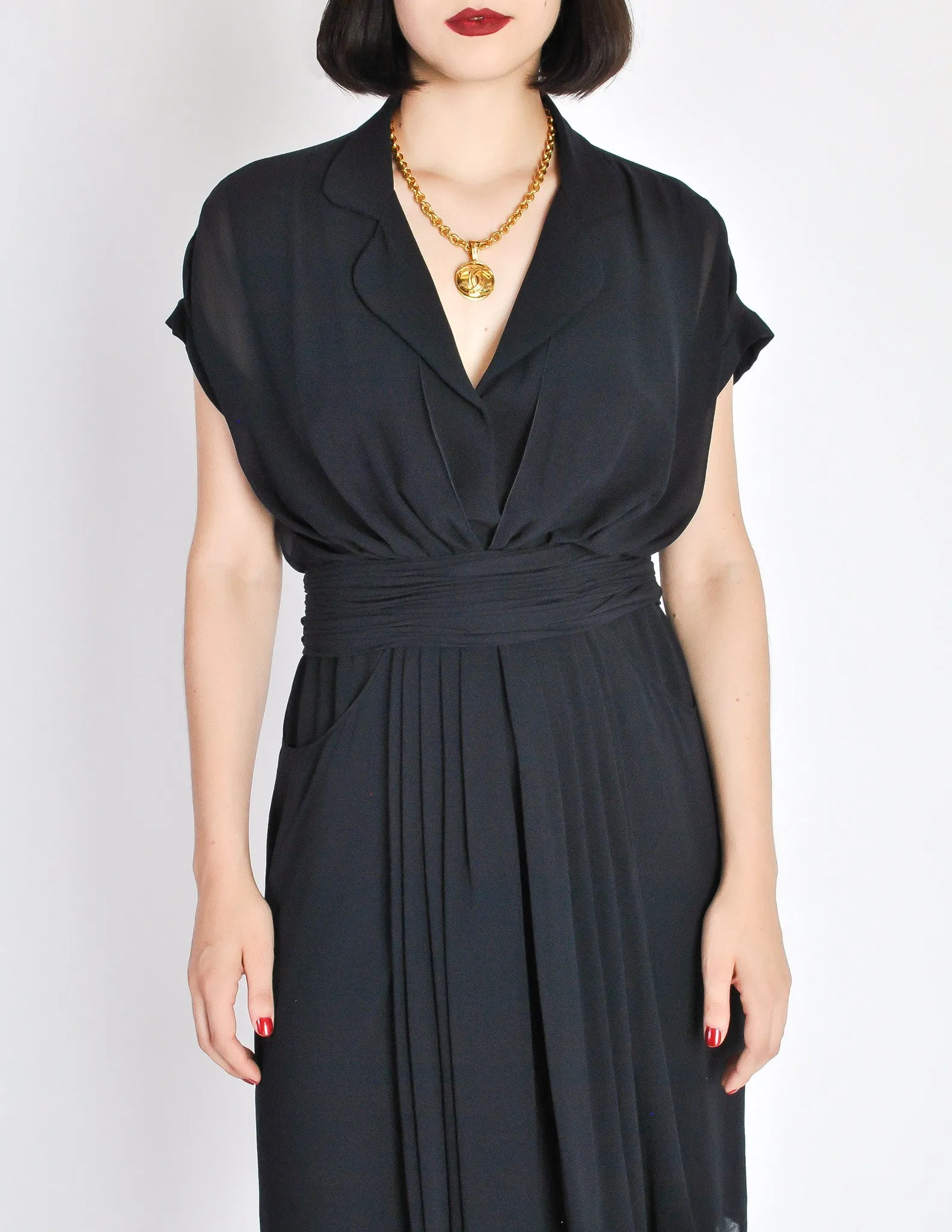 Chanel Vintage Navy Blue Silk Chiffon Dress