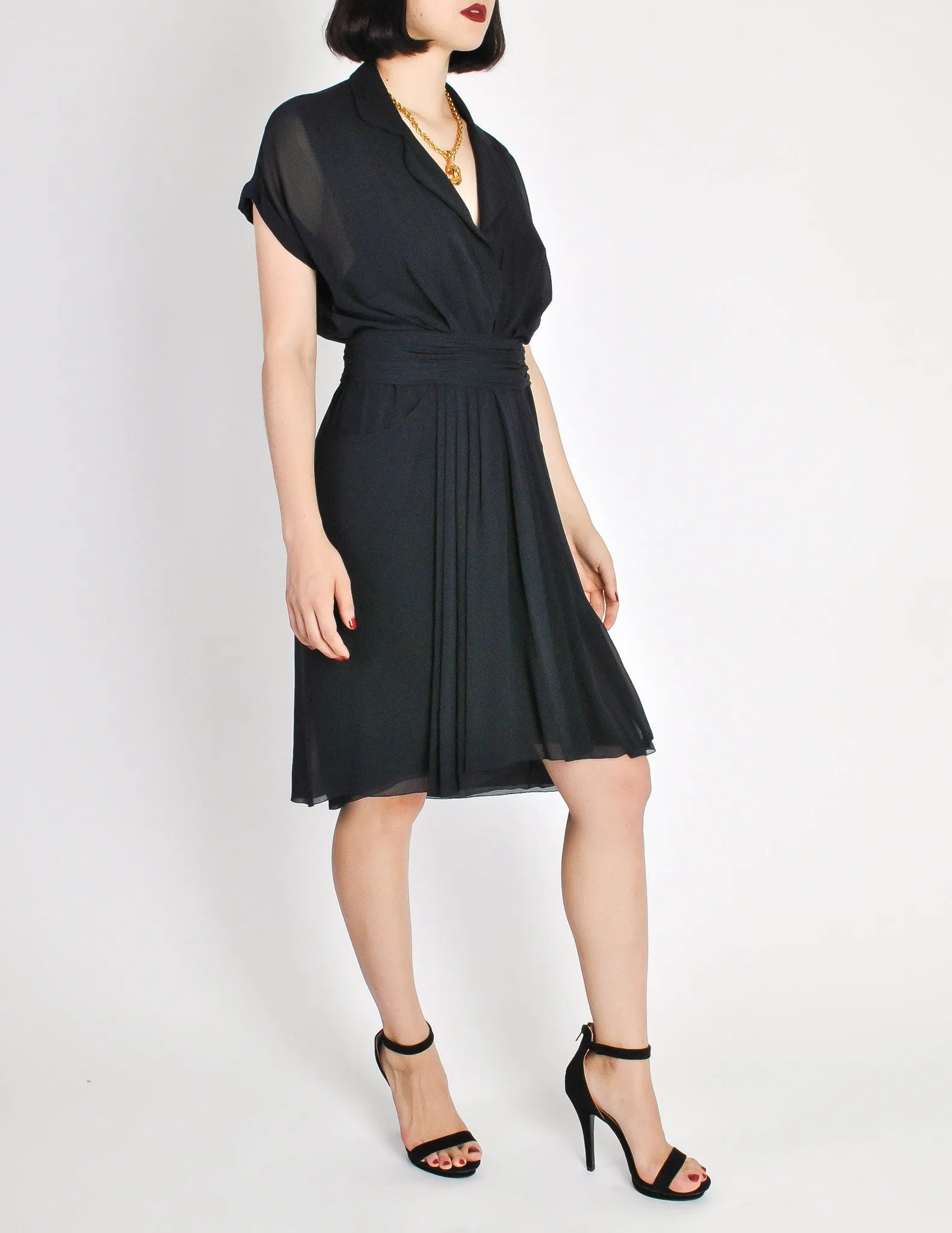Chanel Vintage Navy Blue Silk Chiffon Dress