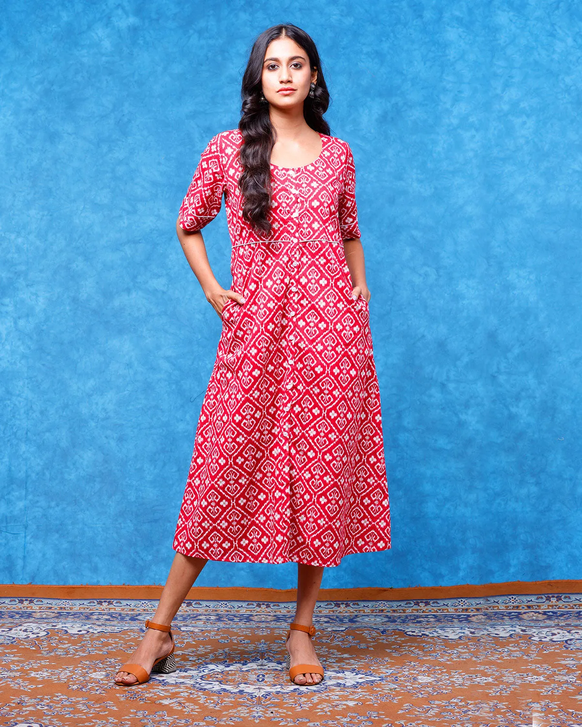 Crimson Jacket Dress in Cotton With Pockets