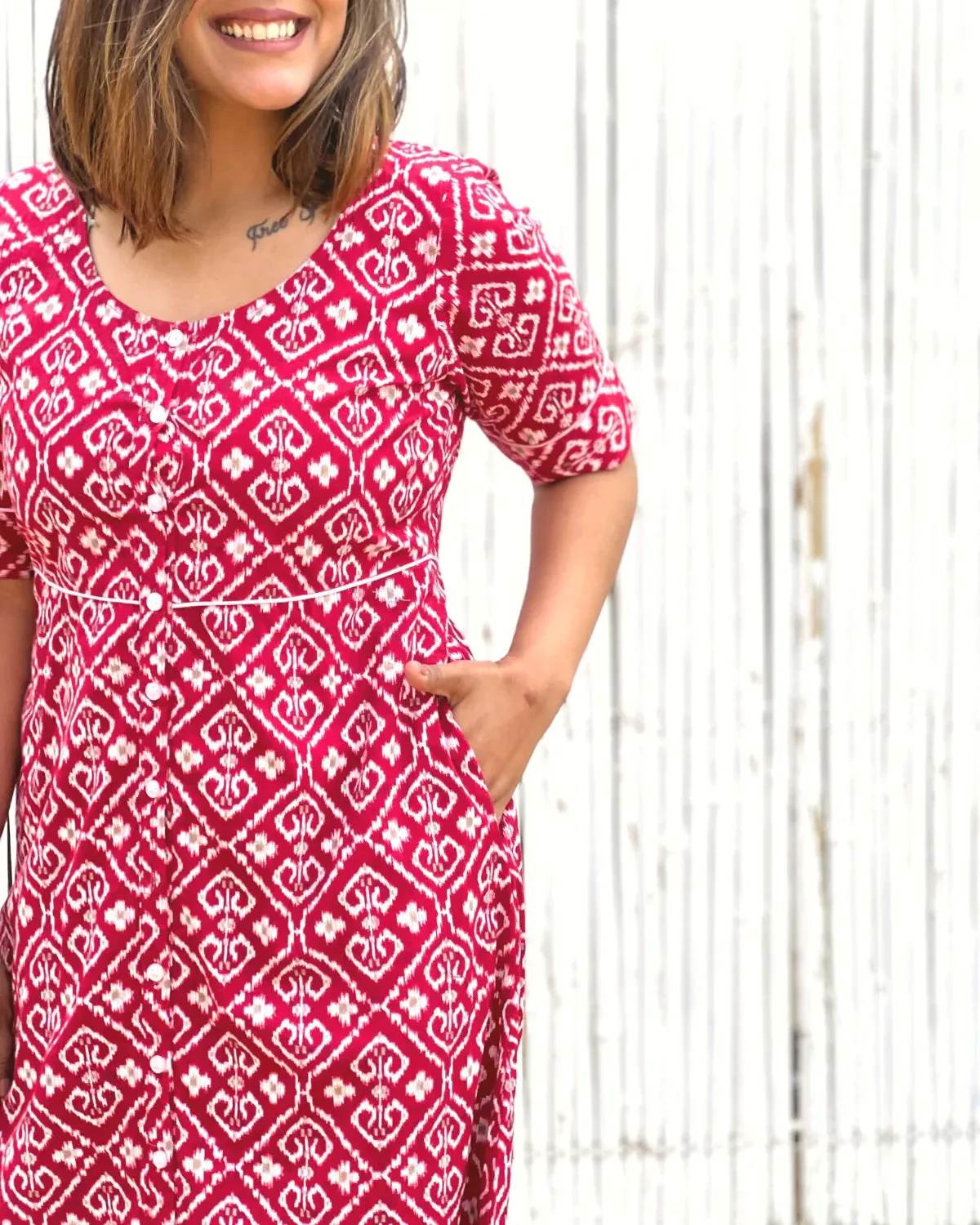 Crimson Jacket Dress in Cotton With Pockets