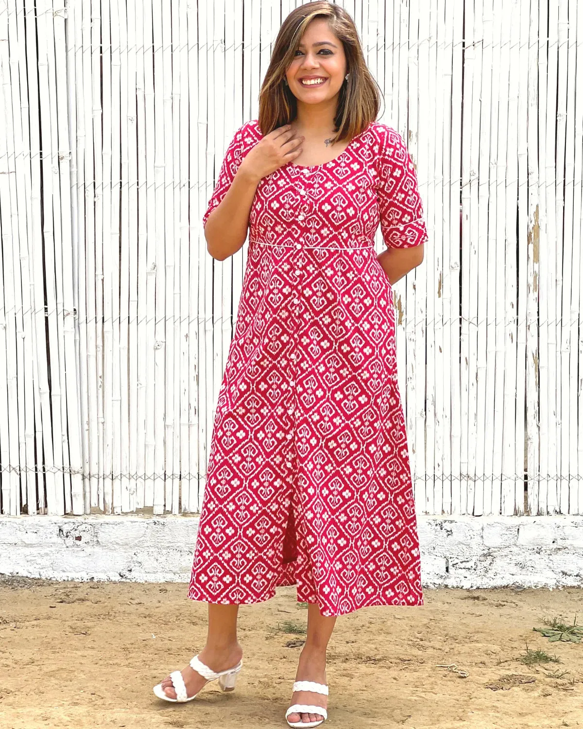 Crimson Jacket Dress in Cotton With Pockets