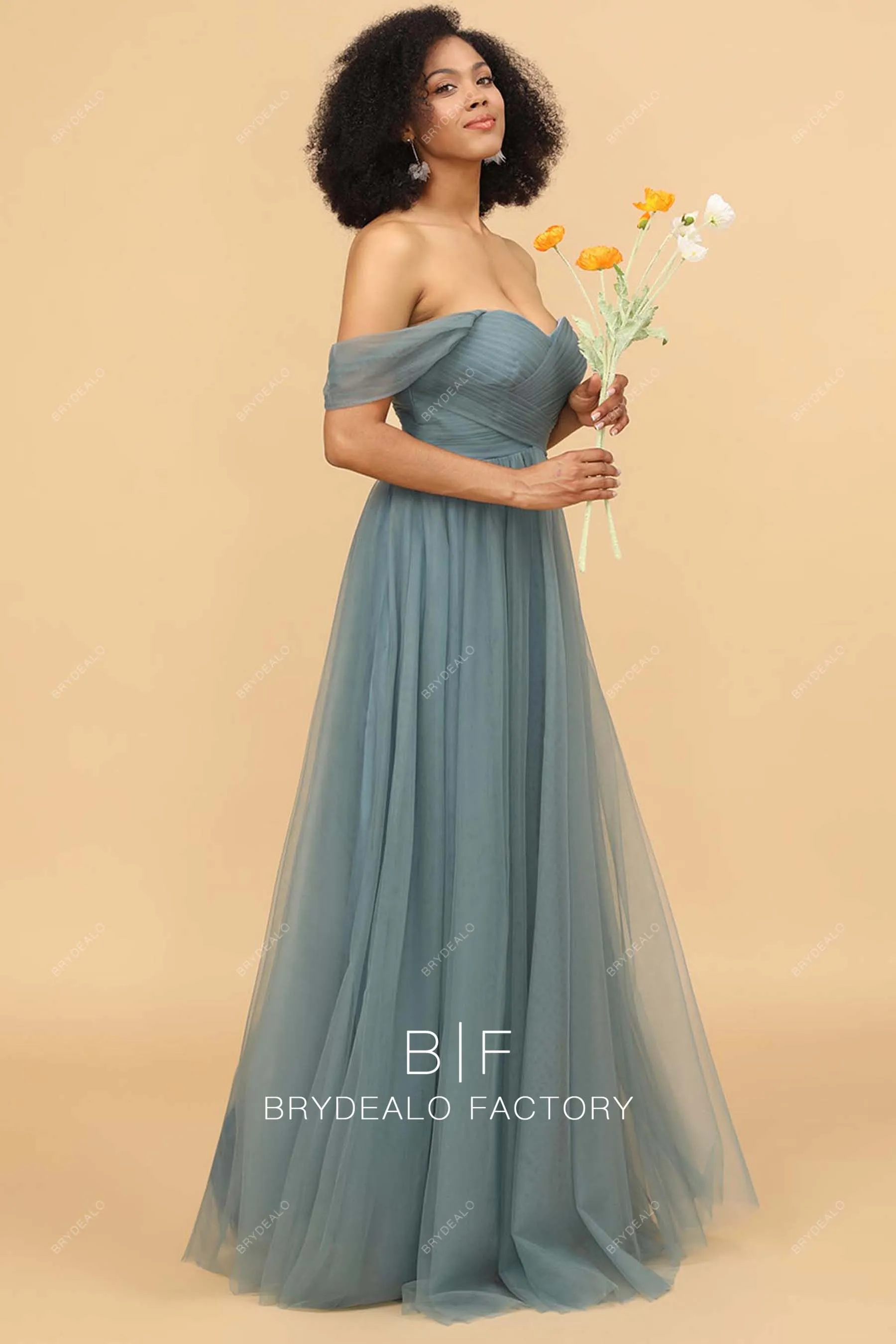 Crisscross Pleated Tulle Off-shoulder Tulle A-line Bridesmaid Dress