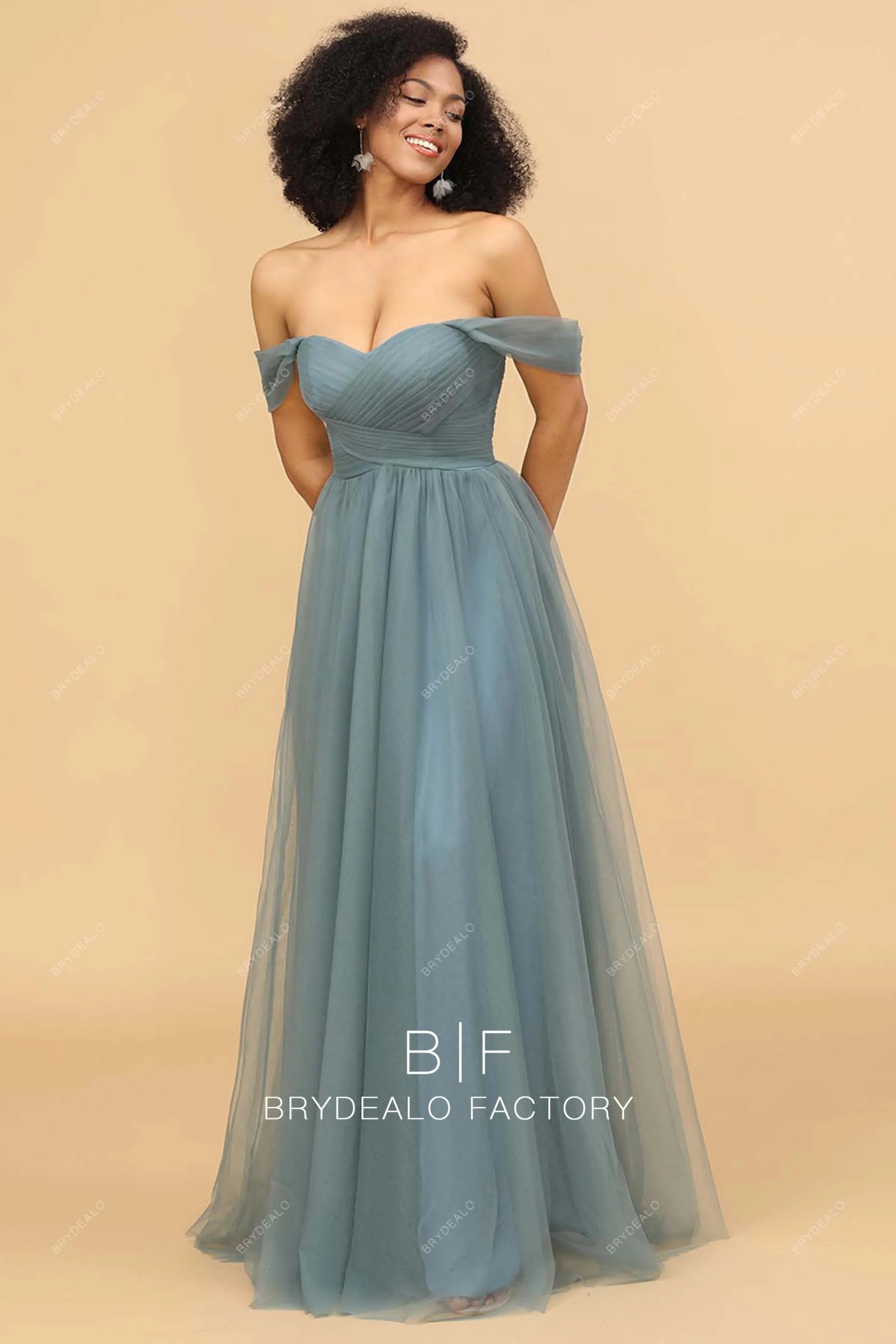 Crisscross Pleated Tulle Off-shoulder Tulle A-line Bridesmaid Dress