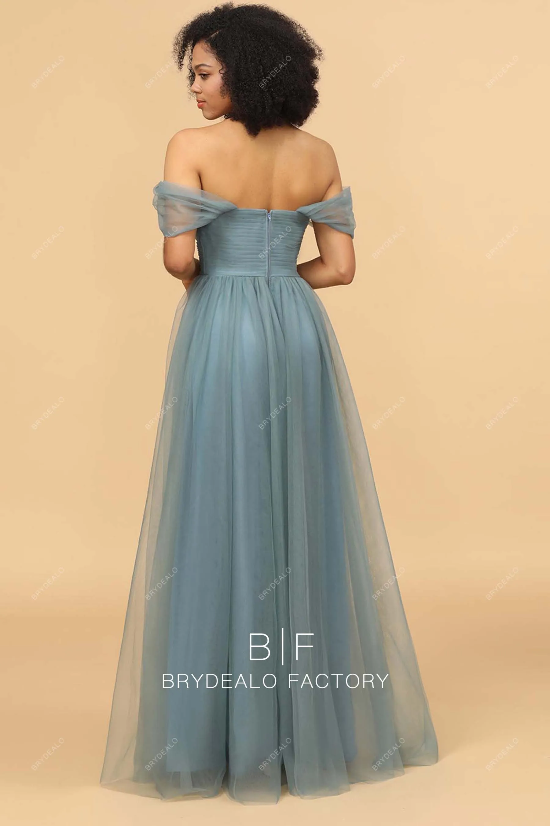 Crisscross Pleated Tulle Off-shoulder Tulle A-line Bridesmaid Dress