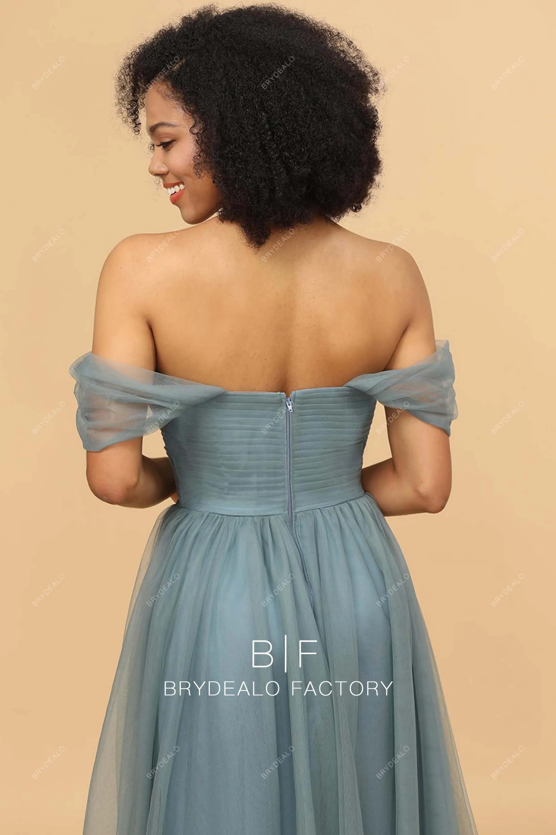 Crisscross Pleated Tulle Off-shoulder Tulle A-line Bridesmaid Dress
