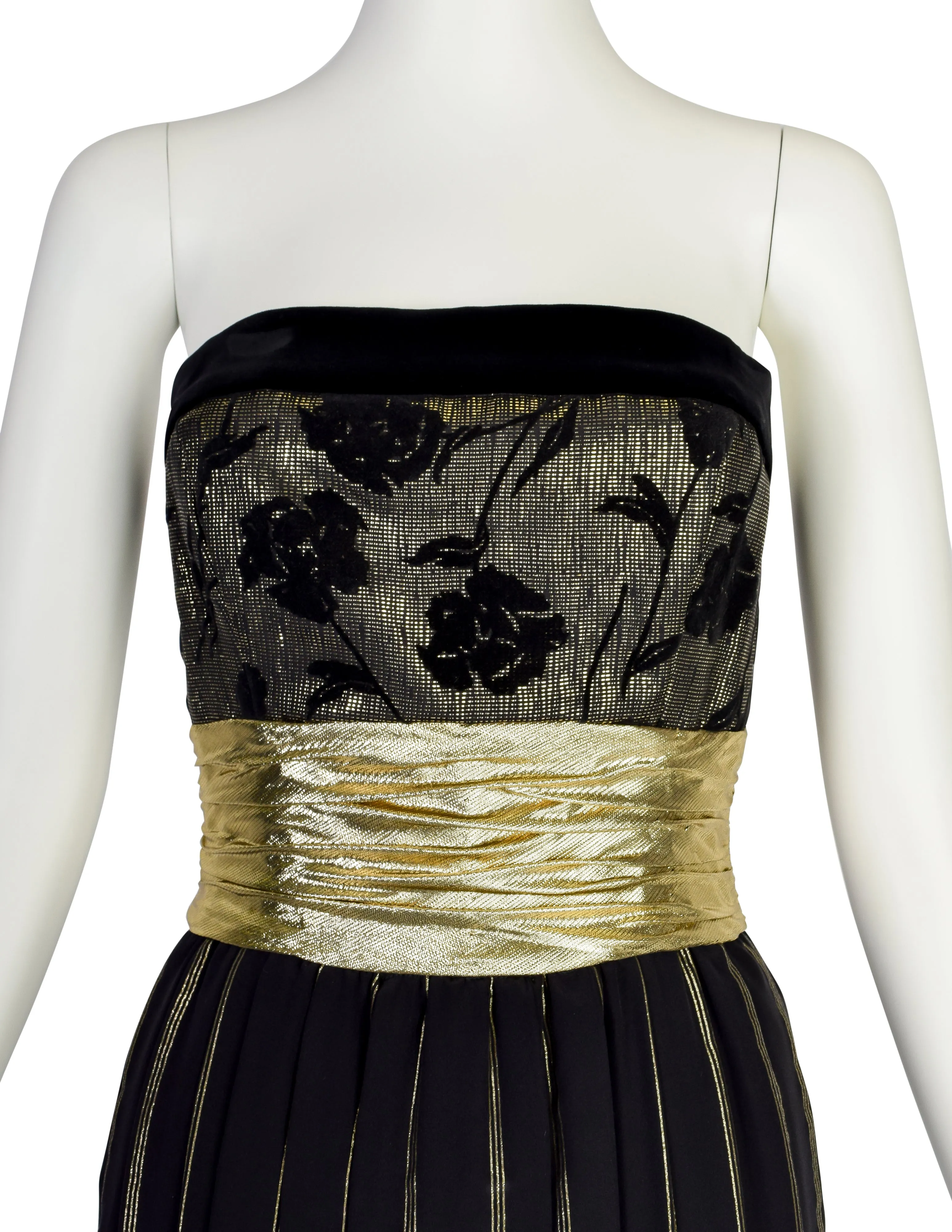 Escada Vintage Black and Gold Silk and Velvet Floral Striped Evening Gown Dress
