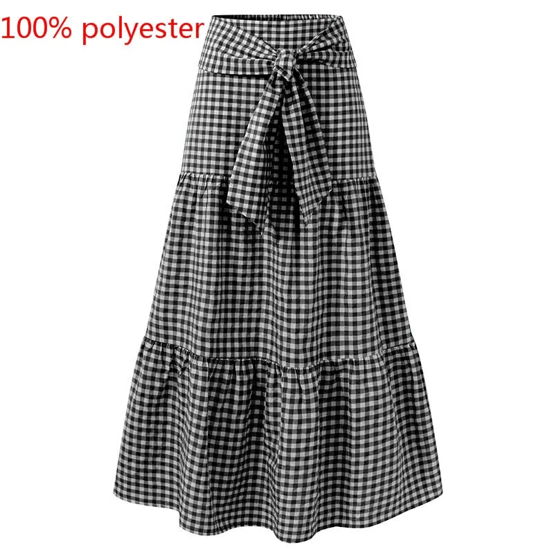 Fashion Women Vintage Maxi Skirts High Waist Plaid Long Skirts Bohemian Casual Loose Belted Pleated Party Skirt Oversized