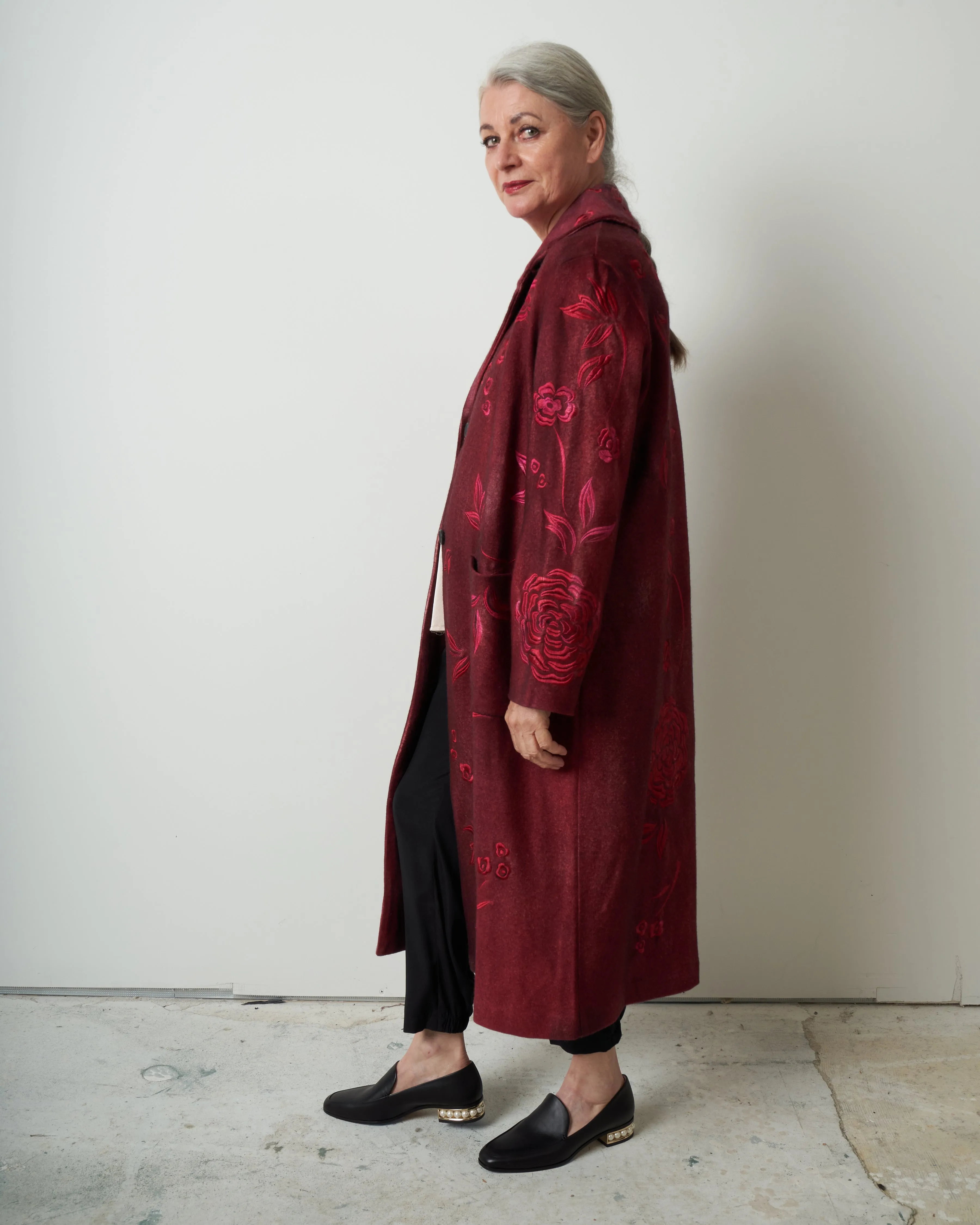 felted rever coat with roses embroidery - wine