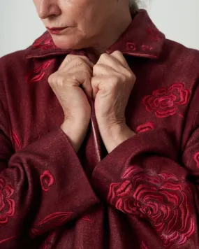 felted rever coat with roses embroidery - wine