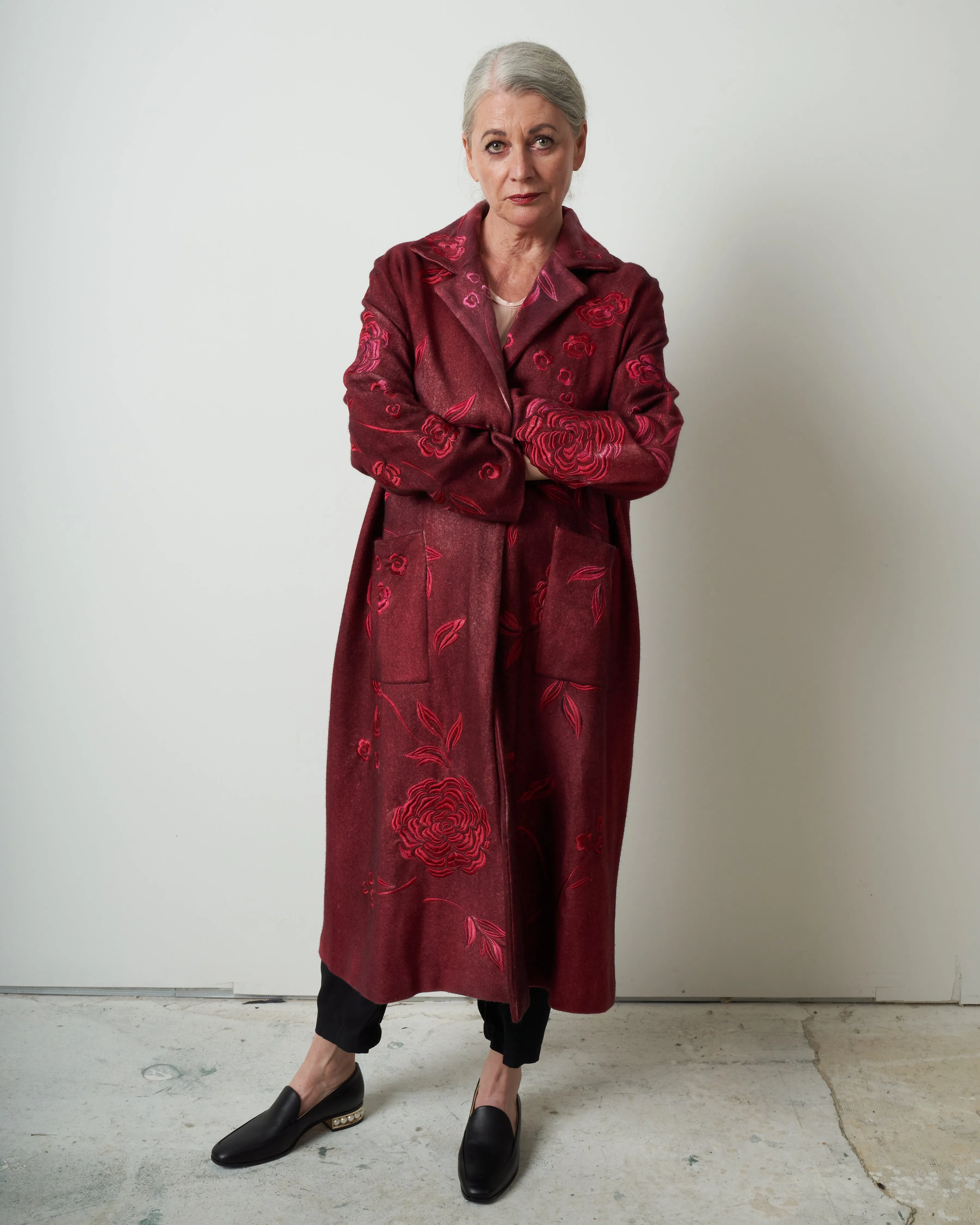 felted rever coat with roses embroidery - wine
