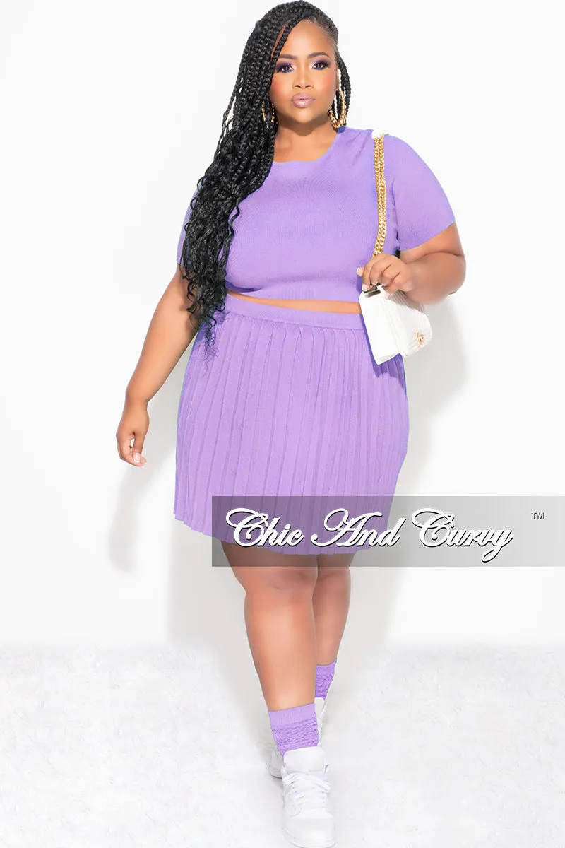Final Sale Plus Size 2pc Short Sleeve Top and Pleated Skirt Set in Lavender