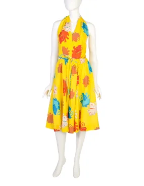 Florence Lustig Vintage Bright Yellow Colorful Butterfly Print Silk Halter Dress