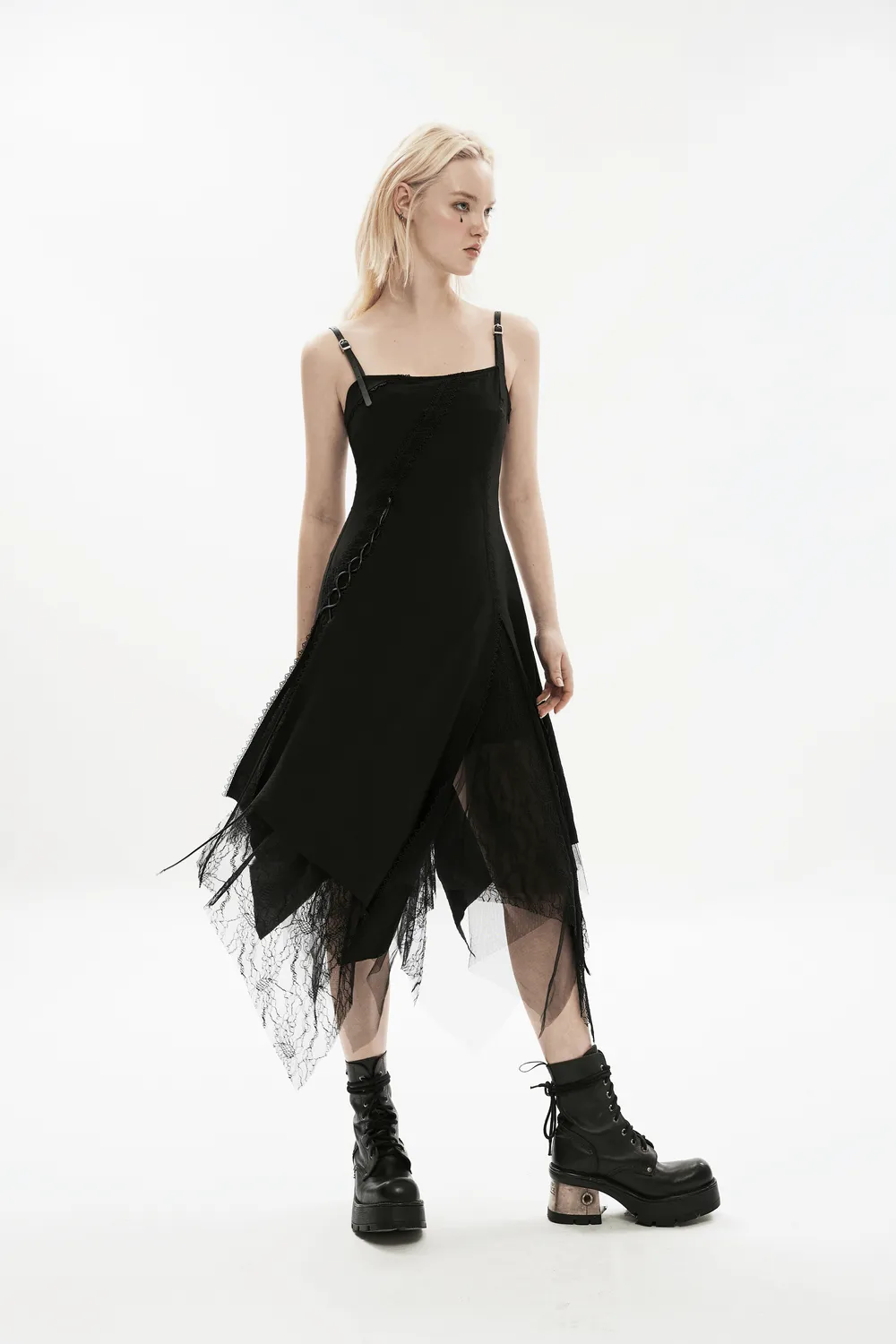 Gothic Asymmetrical Dress with Chiffon and Lace Detail