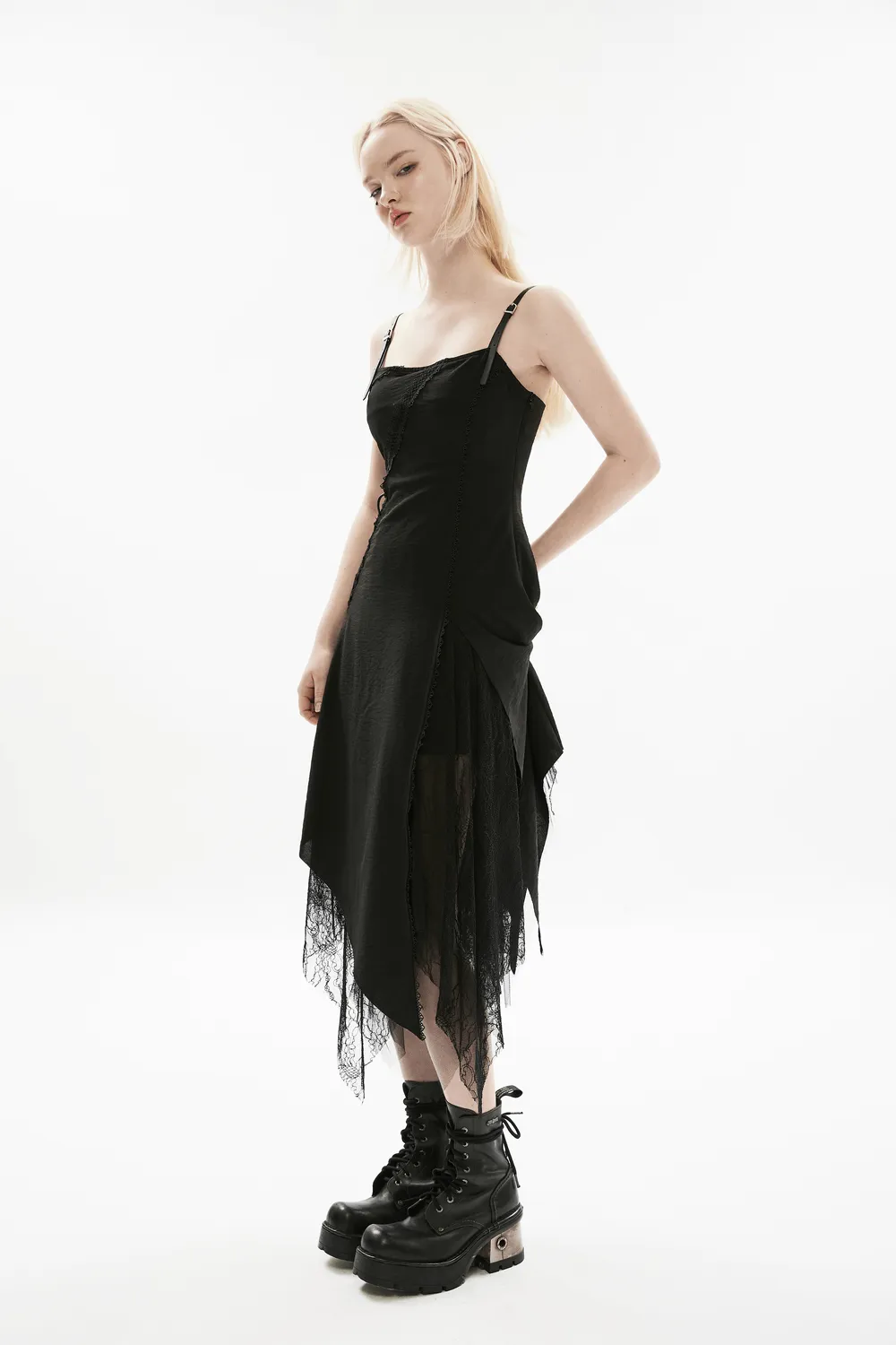 Gothic Asymmetrical Dress with Chiffon and Lace Detail
