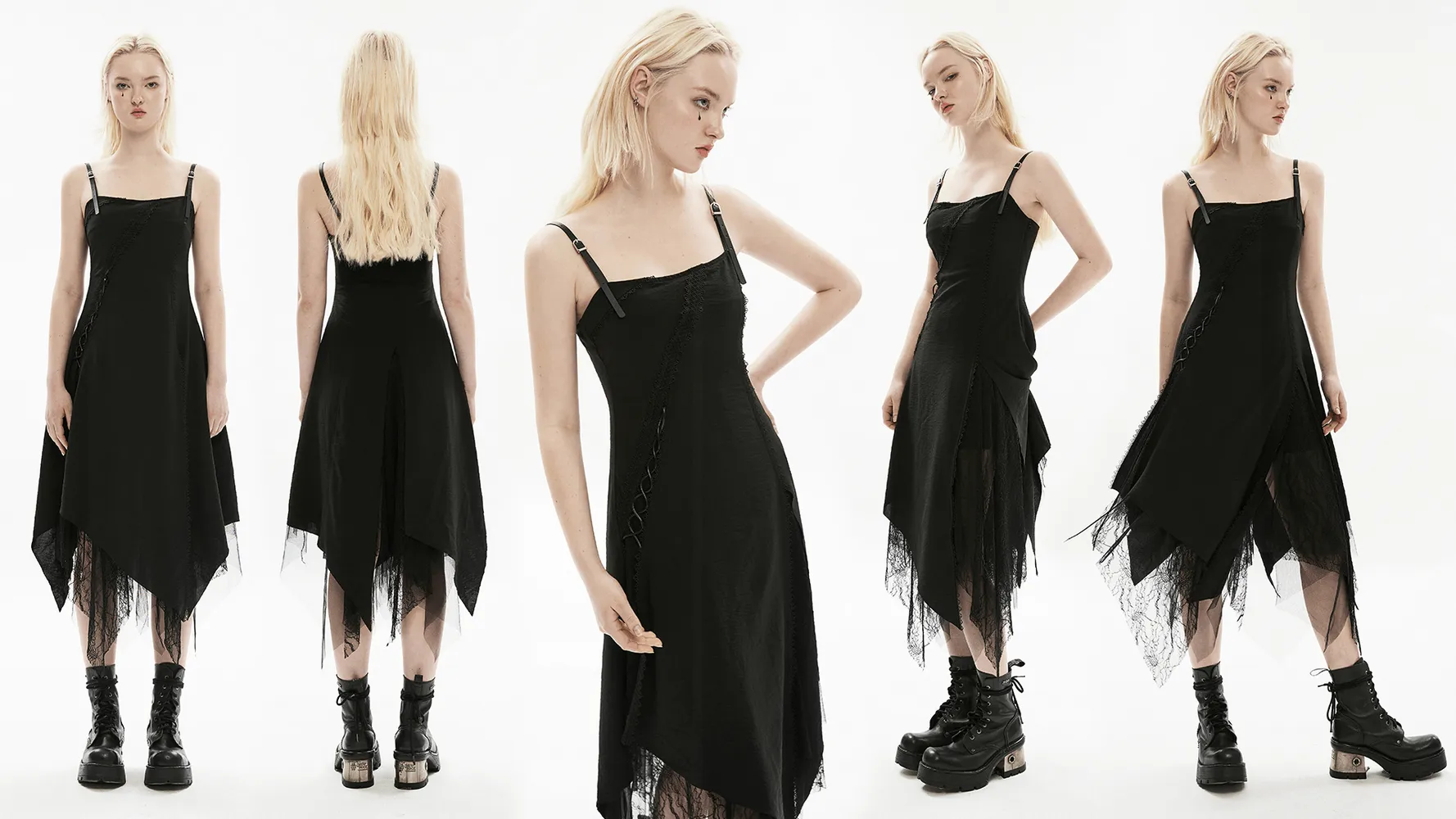 Gothic Asymmetrical Dress with Chiffon and Lace Detail