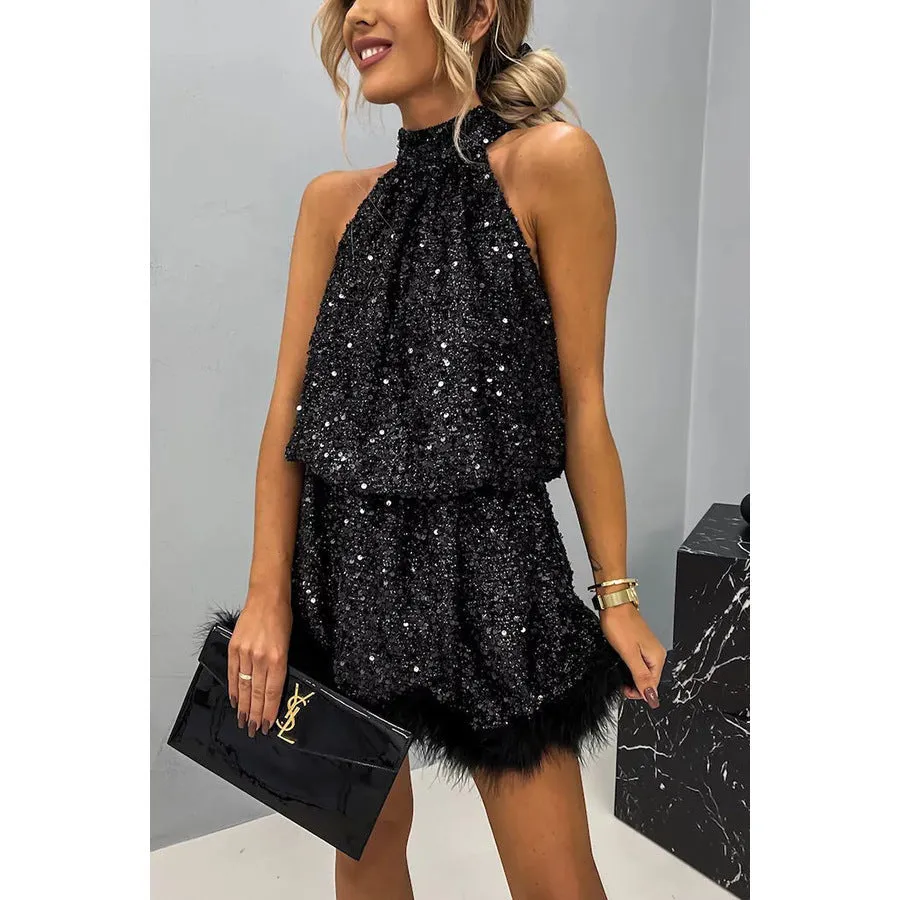 Halter Neck Short Sequin Dress with Faux Fur Hem