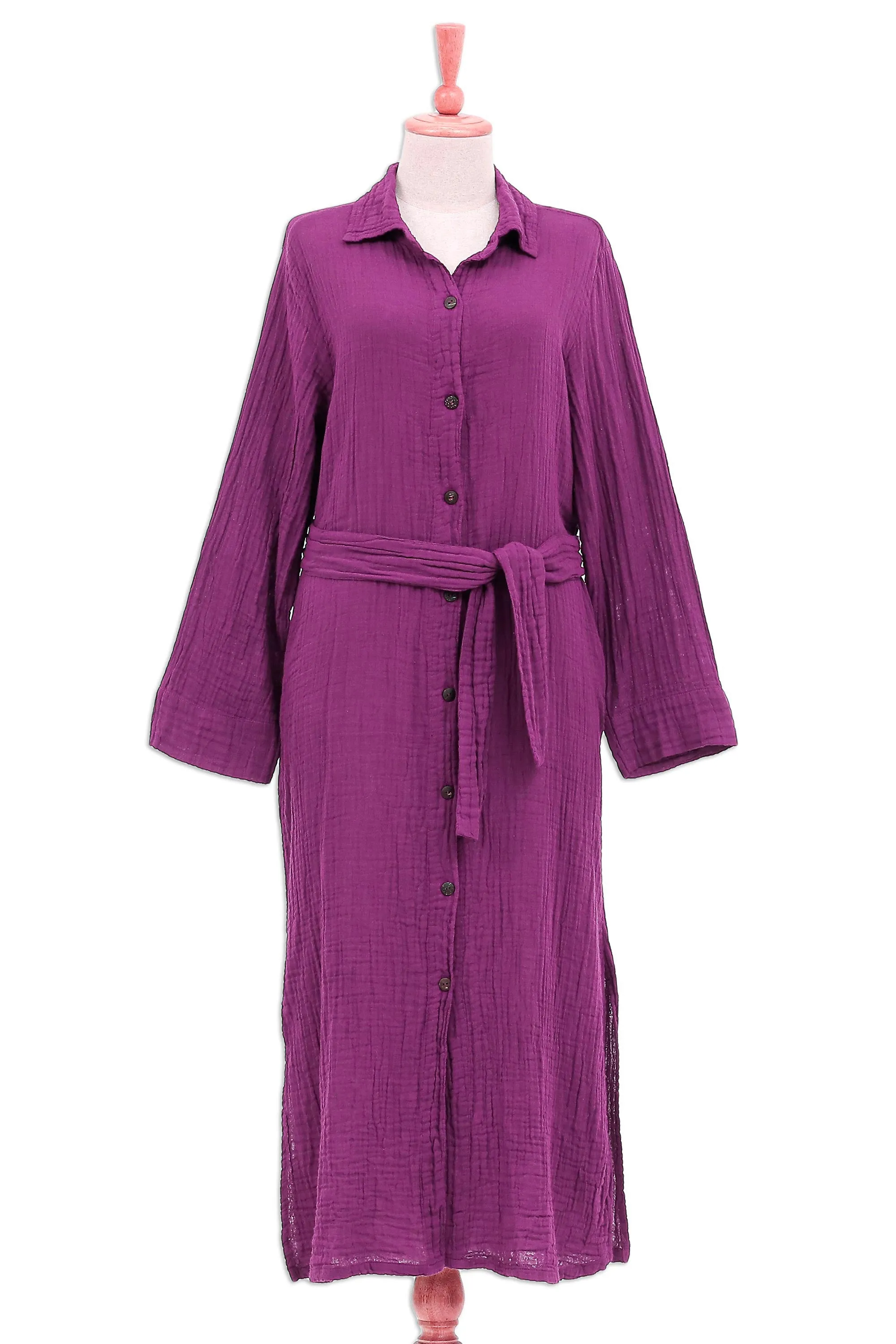 Handmade Belted Cotton Shirtwaist Dress from Thailand - Street Smarts in Mulberry | NOVICA