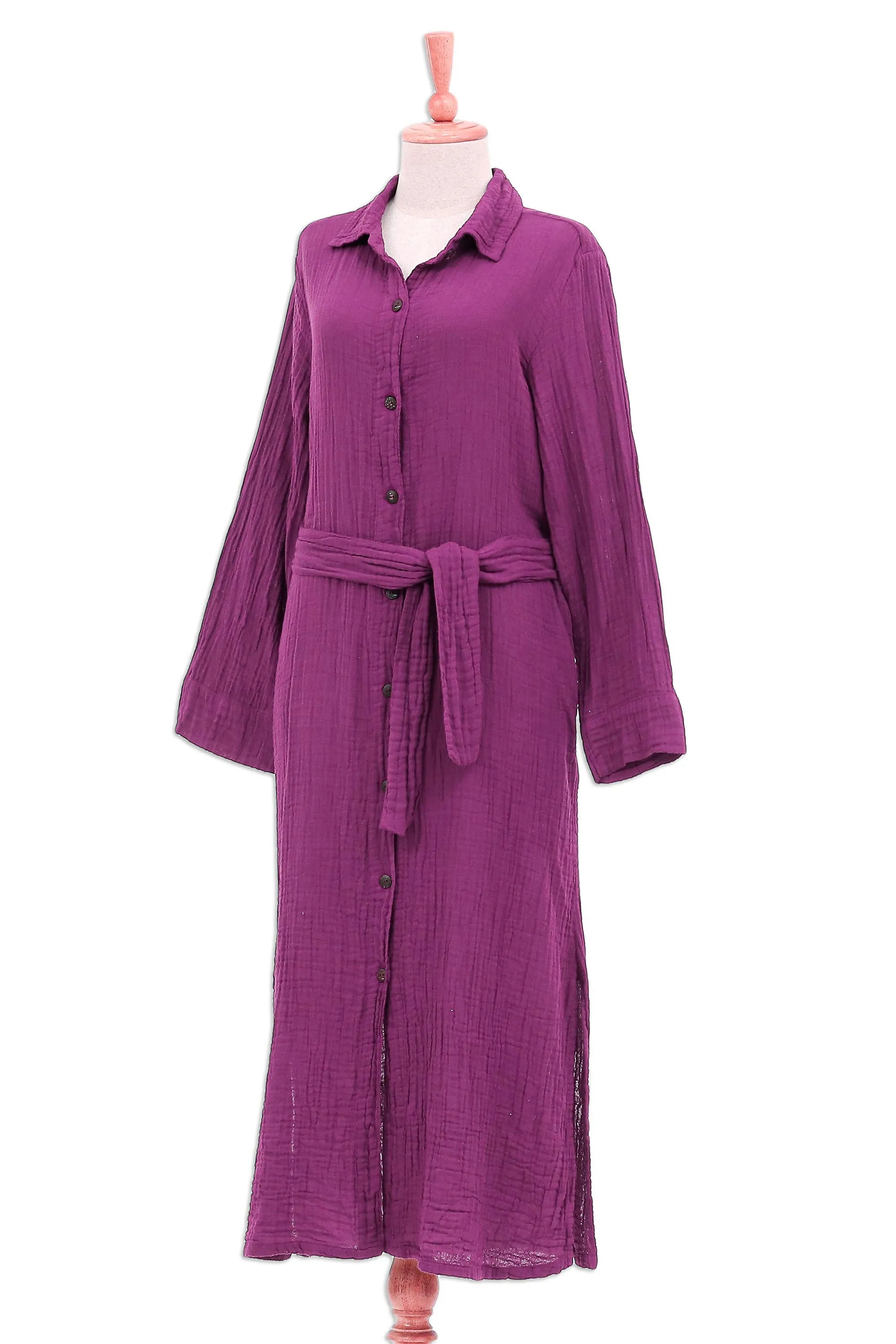 Handmade Belted Cotton Shirtwaist Dress from Thailand - Street Smarts in Mulberry | NOVICA