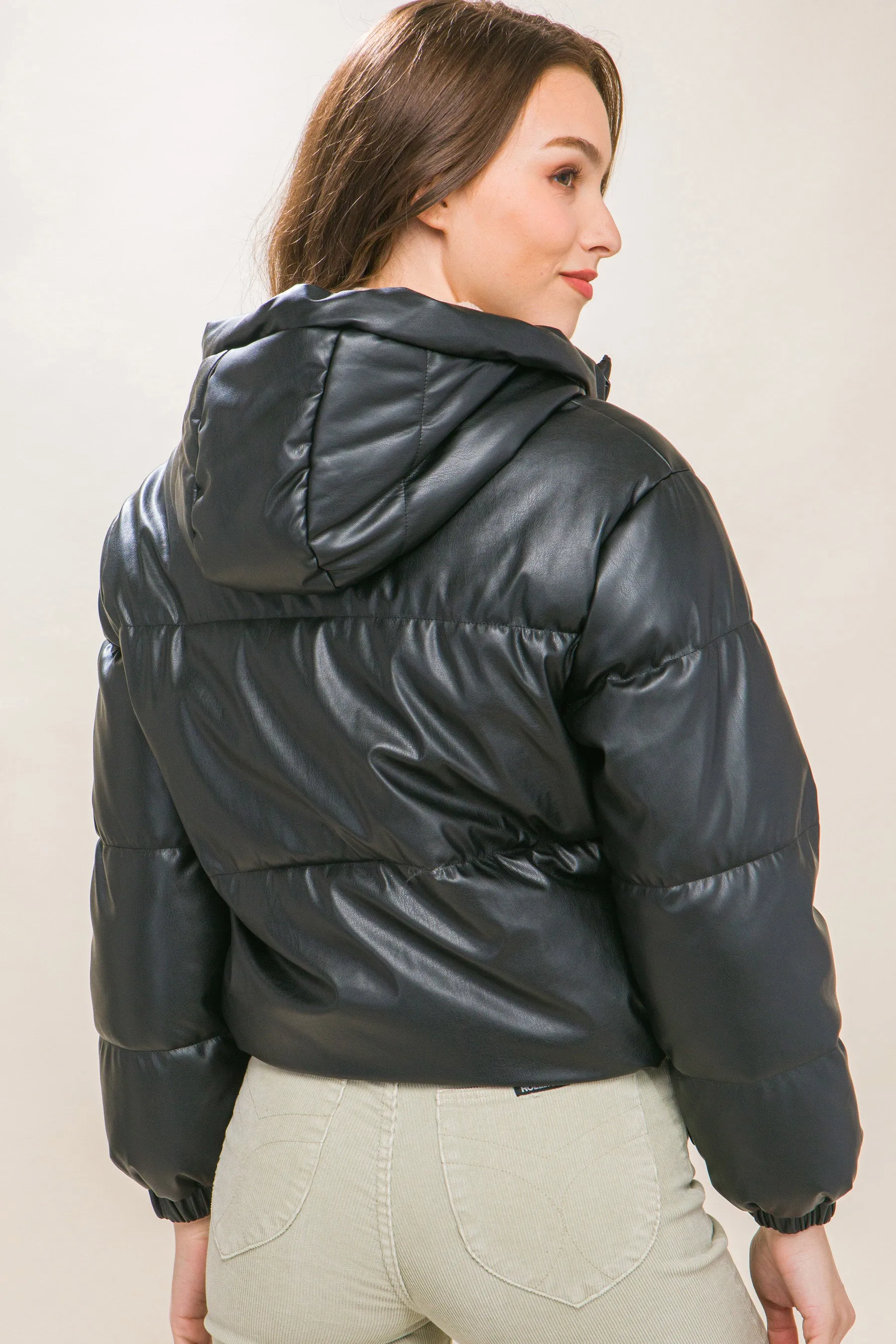 Hot Girl Faux Leather Zipper Hooded Puffer Jacket In Black