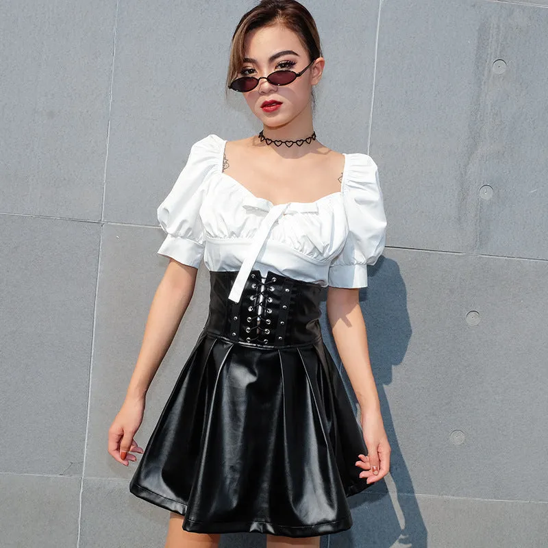 Irregular Folding Waist Sealing Back Zipper PU Leather Pleated Skirt
