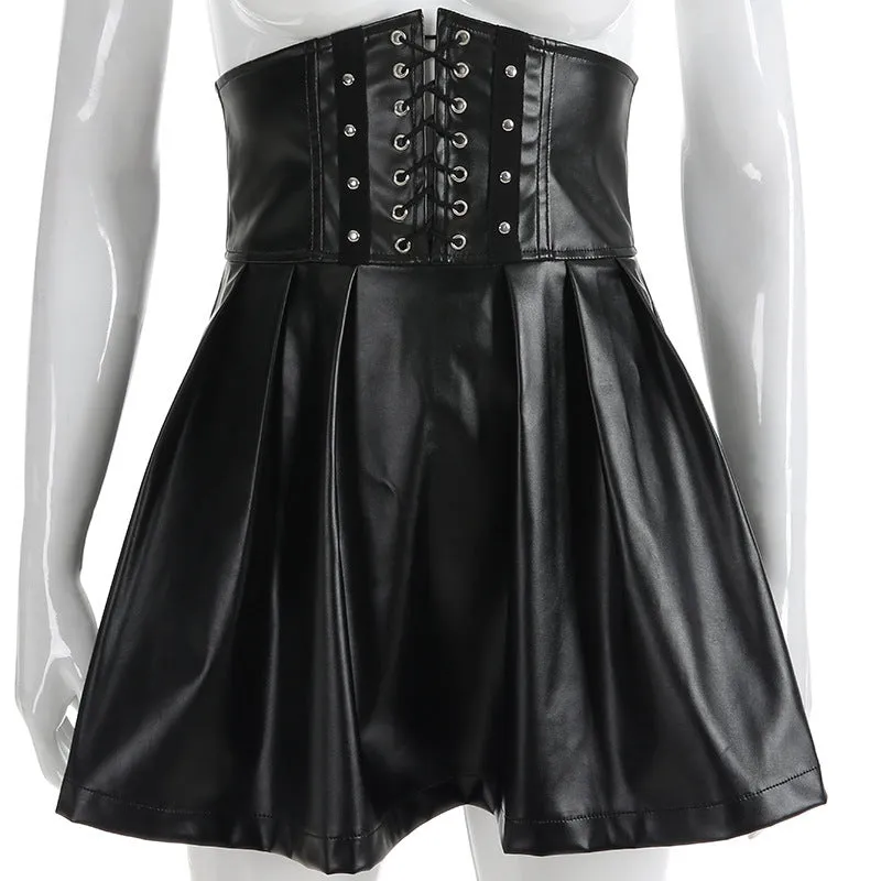Irregular Folding Waist Sealing Back Zipper PU Leather Pleated Skirt