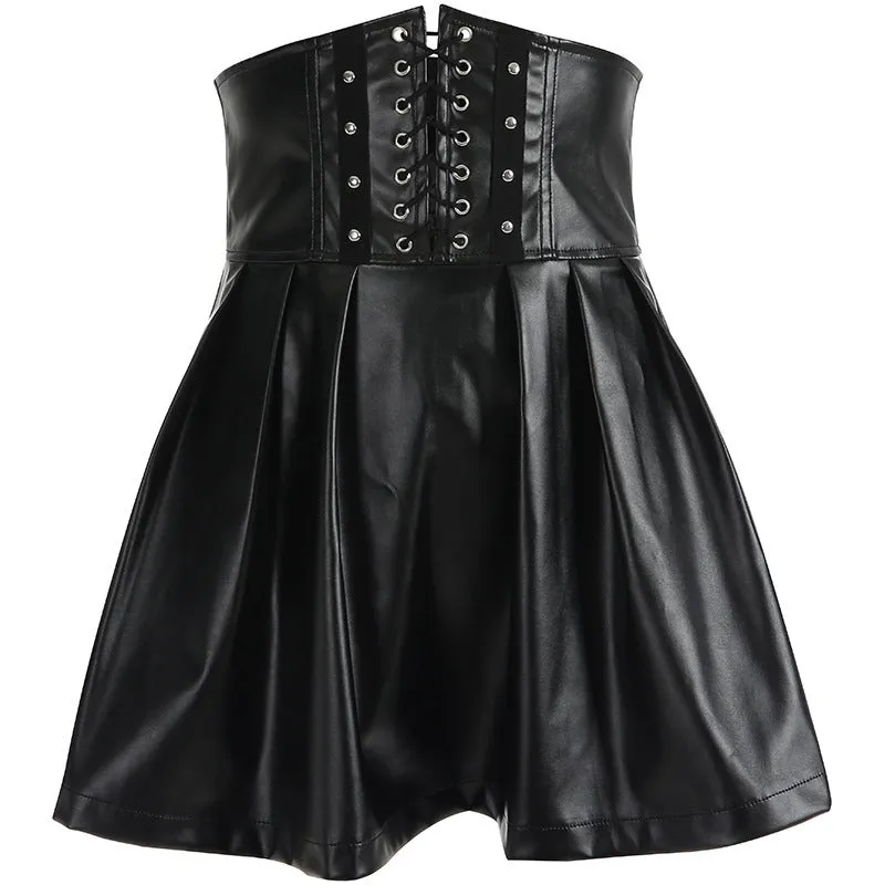 Irregular Folding Waist Sealing Back Zipper PU Leather Pleated Skirt