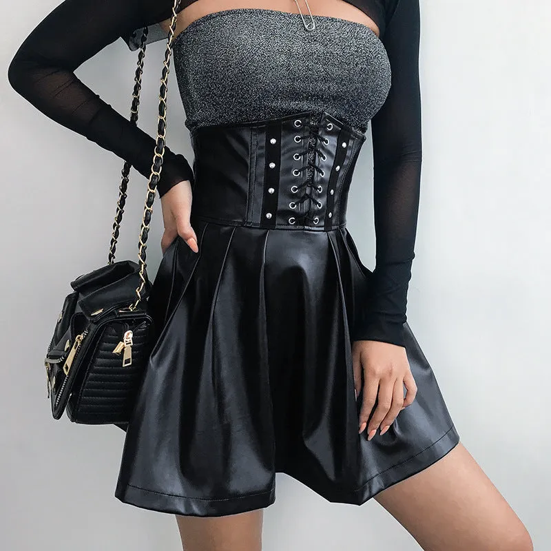 Irregular Folding Waist Sealing Back Zipper PU Leather Pleated Skirt