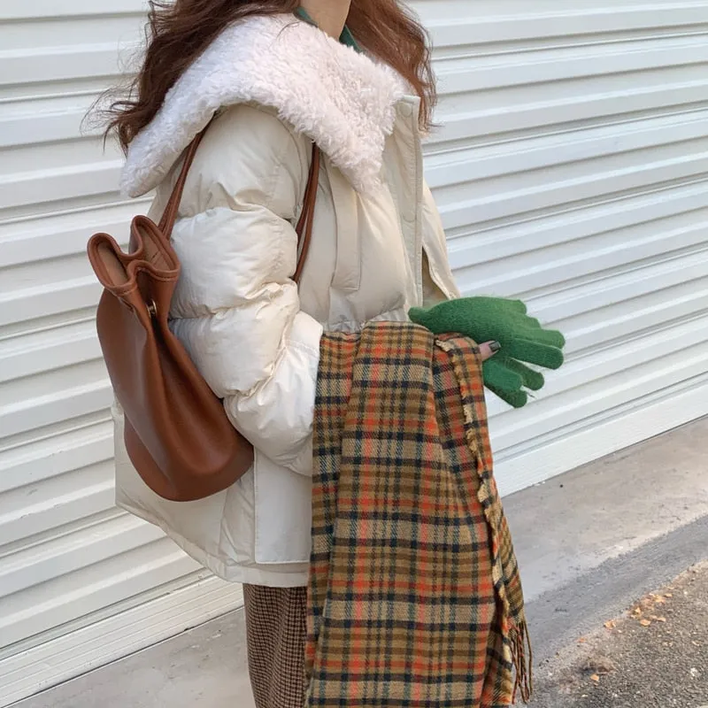 [Korean Style] Faux Fur Collared Puffer Jacket Cropped Parka