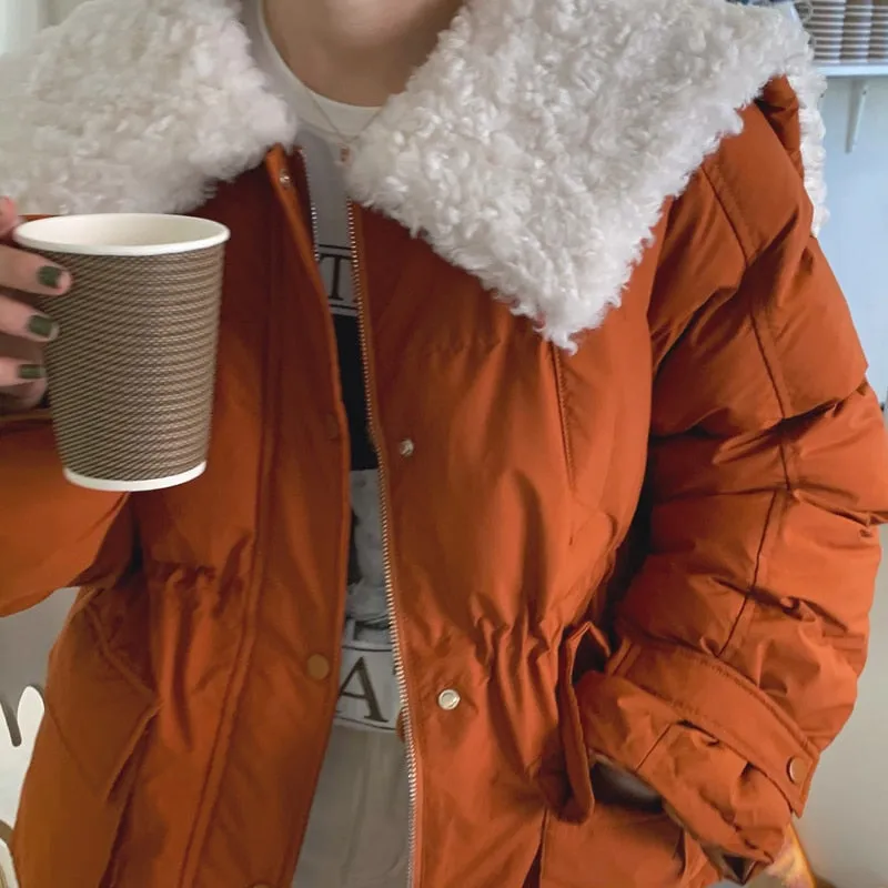 [Korean Style] Faux Fur Collared Puffer Jacket Cropped Parka