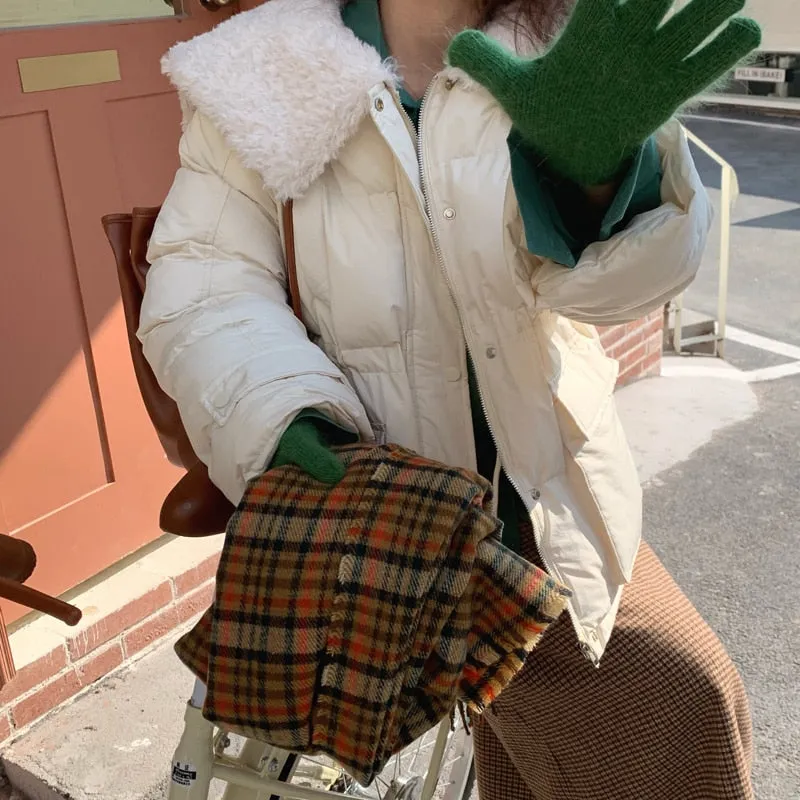[Korean Style] Faux Fur Collared Puffer Jacket Cropped Parka
