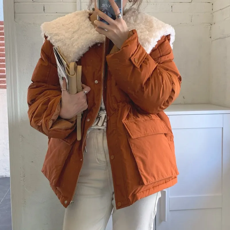 [Korean Style] Faux Fur Collared Puffer Jacket Cropped Parka