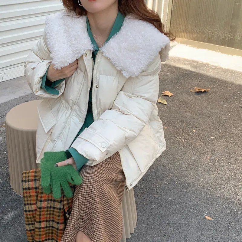 [Korean Style] Faux Fur Collared Puffer Jacket Cropped Parka