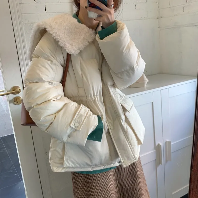 [Korean Style] Faux Fur Collared Puffer Jacket Cropped Parka
