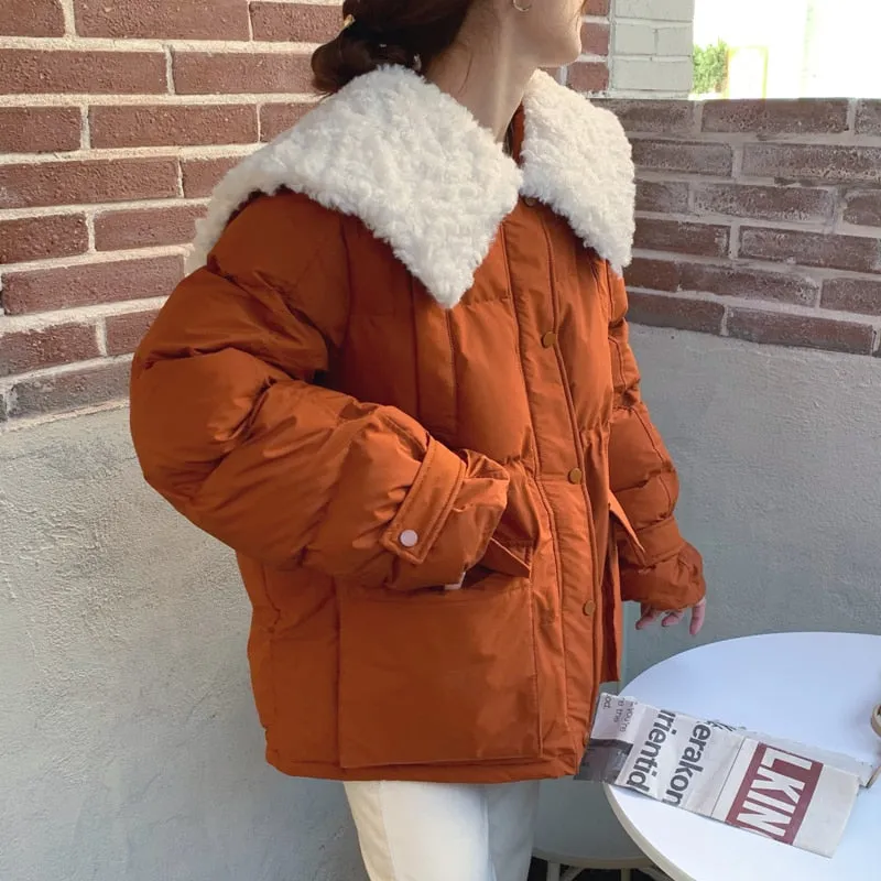 [Korean Style] Faux Fur Collared Puffer Jacket Cropped Parka