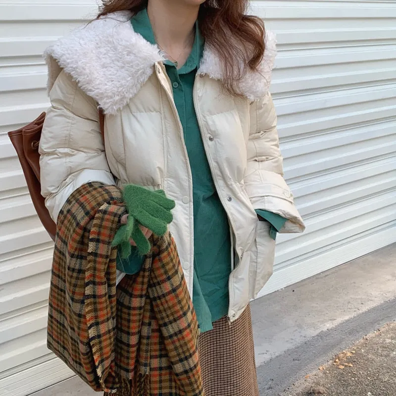 [Korean Style] Faux Fur Collared Puffer Jacket Cropped Parka