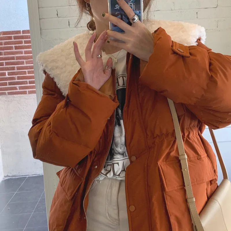[Korean Style] Faux Fur Collared Puffer Jacket Cropped Parka