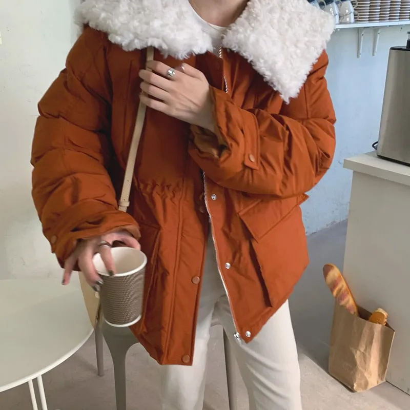 [Korean Style] Faux Fur Collared Puffer Jacket Cropped Parka
