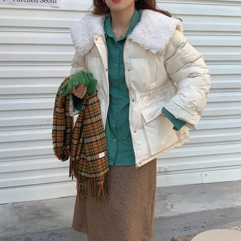 [Korean Style] Faux Fur Collared Puffer Jacket Cropped Parka